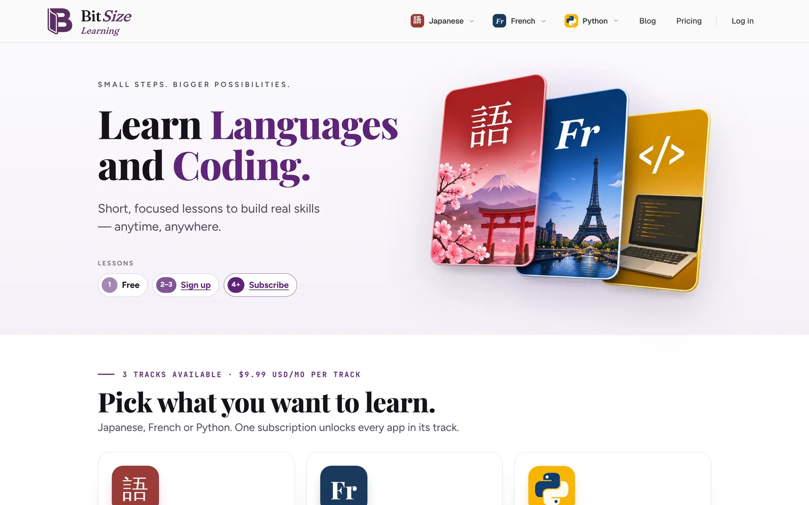 The BitSize Learning home page: learn languages and coding, with Japanese, French and Python tracks