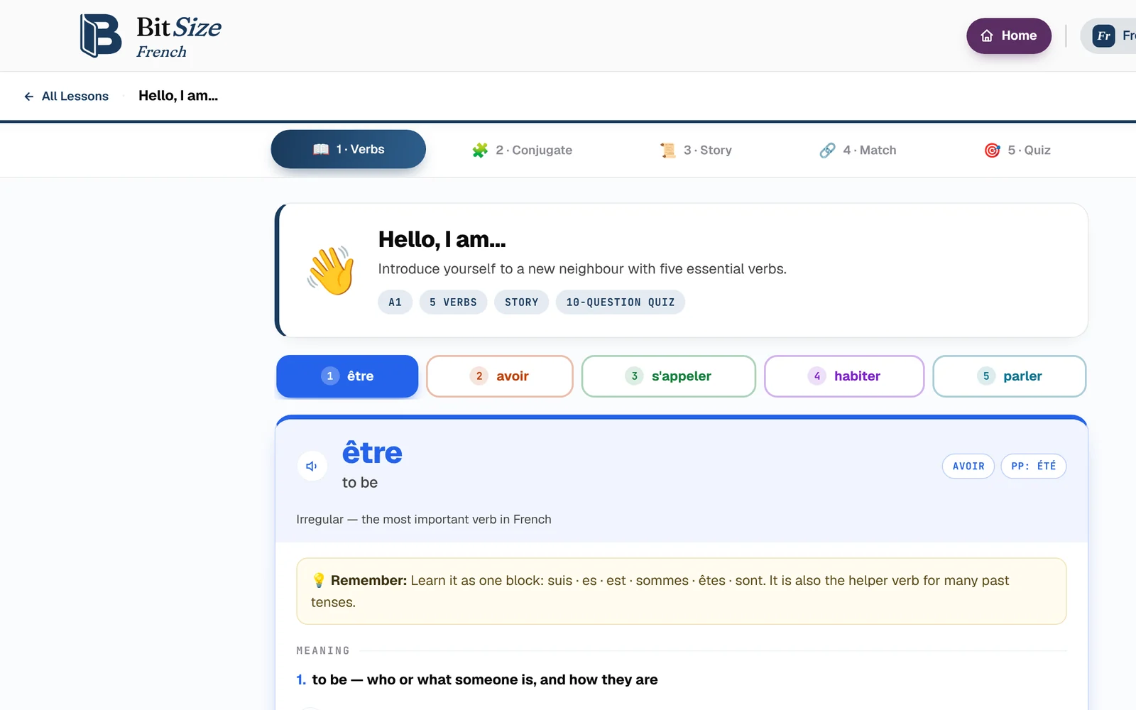A French Verbs lesson: five verbs with audio, a story, matching and a quiz