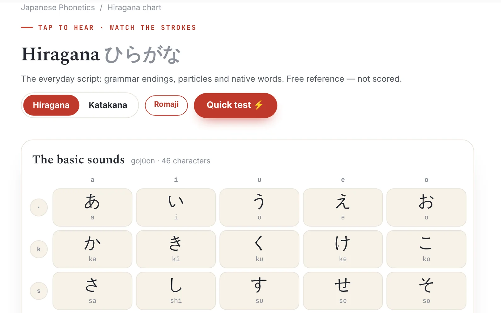 The Japanese hiragana chart: tap to hear, watch the strokes